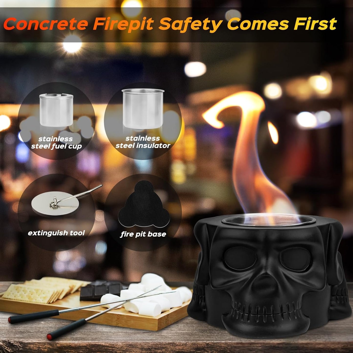 Tabletop Fire Pit Concrete Smokeless Smores Fire Pit as Smores Maker Kit White Elephant Gifts for Adults Dual Burner Cups Rubbing Alcohol Tabletop Firepit for Indoor & Patio Décor