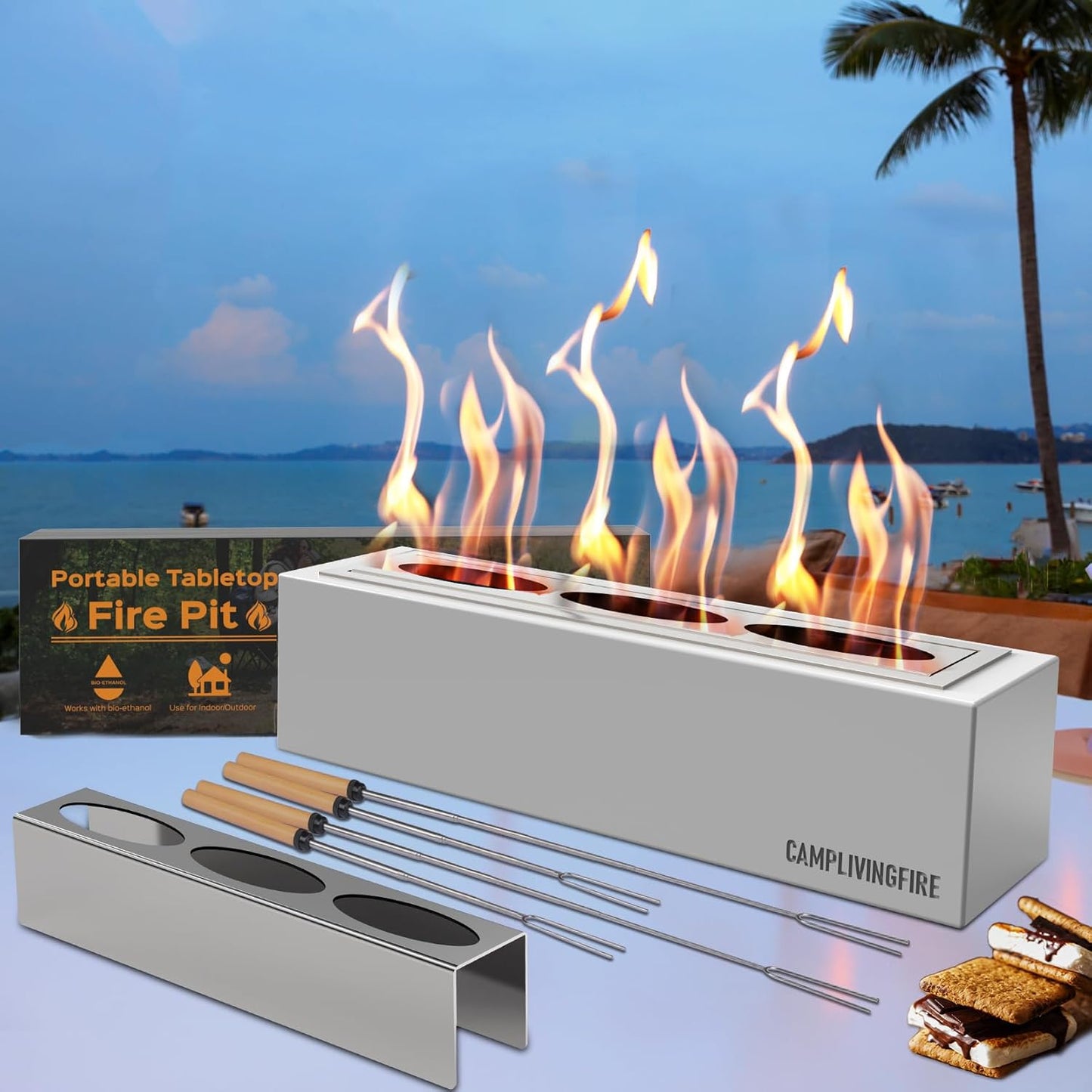 Tabletop Fire Pit with 4 Extendable Smores Sticks, Indoor Outdoor Fire Pit Table Top, Rectangle Tabletop Fireplace, Rubbing Alcohol Smores Fire Pit, Patio Decor Festive Gift - Gray
