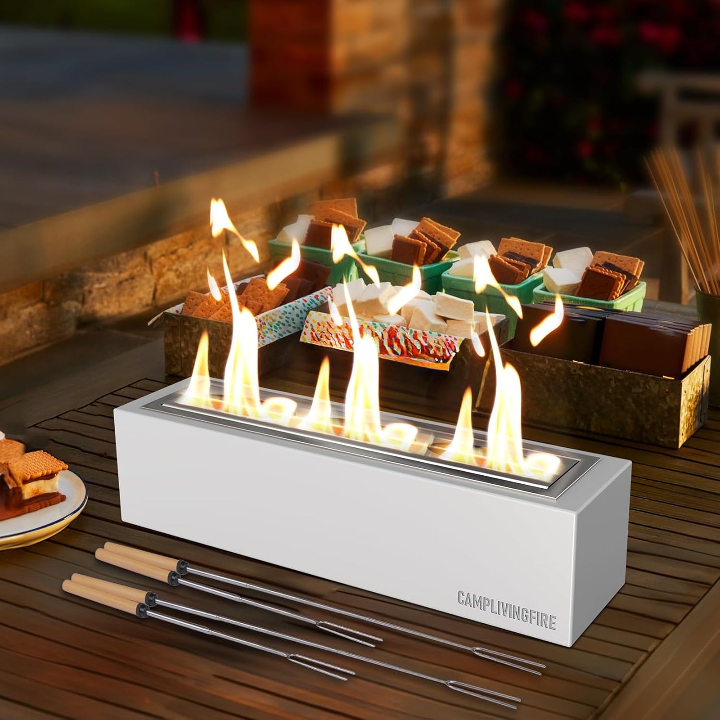 Tabletop Fire Pit with 4 Extendable Smores Sticks, Indoor Outdoor Fire Pit Table Top, Rectangle Tabletop Fireplace, Rubbing Alcohol Smores Fire Pit, Patio Decor Festive Gift - Gray