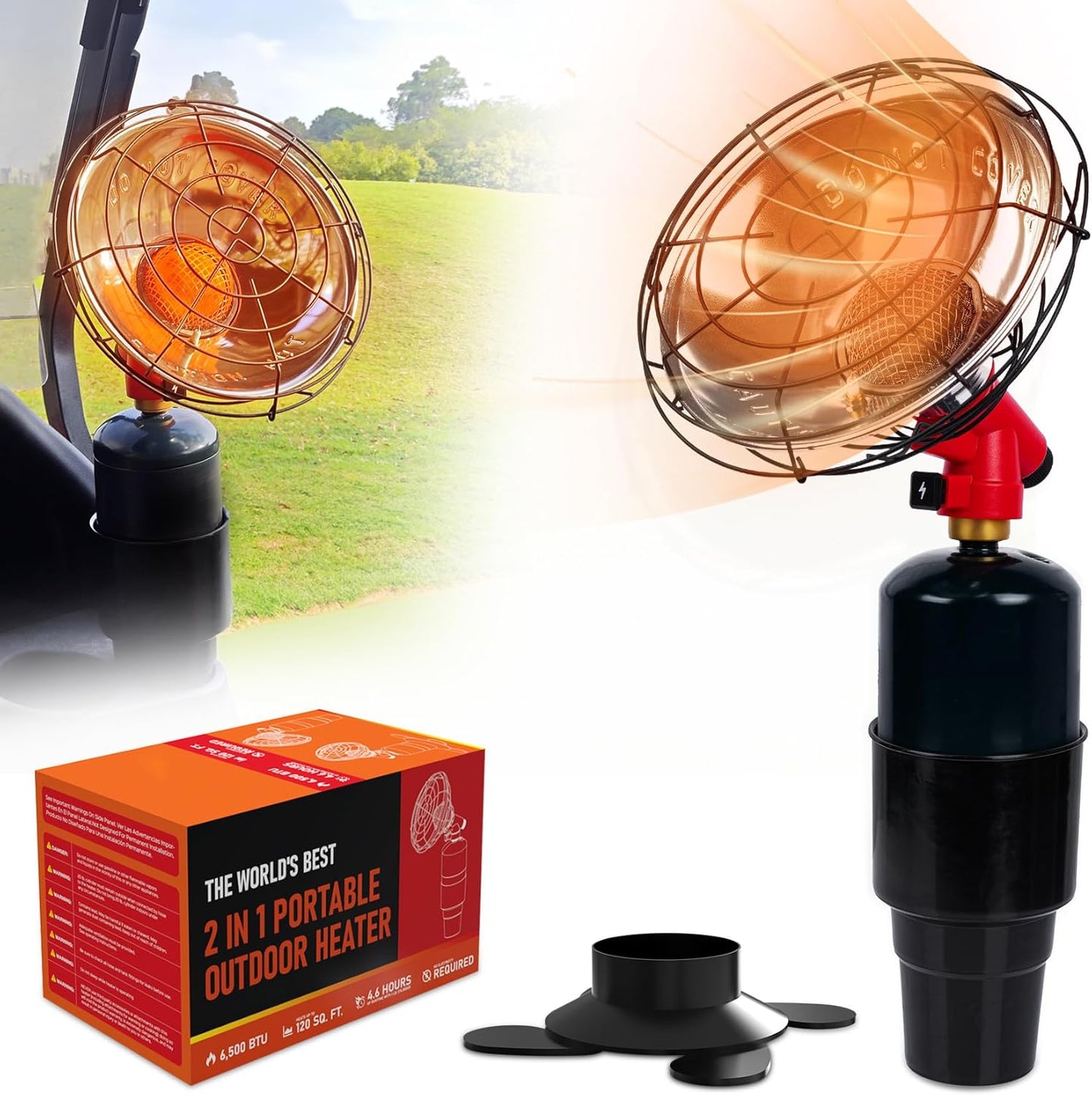 Golf Cart Heater, Propane Heater 6500-BTU, 2 in 1 Portable Propane Heater for Golf and Camping, Golf Cart Accessories Winter Heating Helpers（1LB Propane Tank is Not Included）