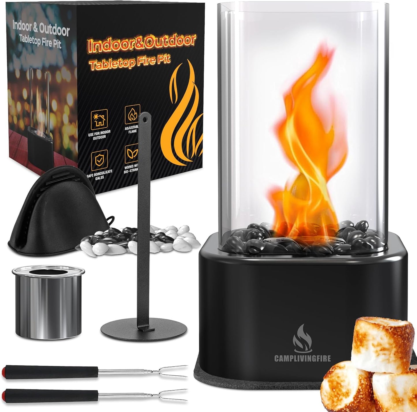Tabletop Fire Pit, Square Indoor Fire Pit Ethanol Tabletop Fireplace, Smores Table Top Firepit for Patio Decor, Gifts for Women Mom Her Wedding Housewarming Christmas Birthday White Elephant Gifts