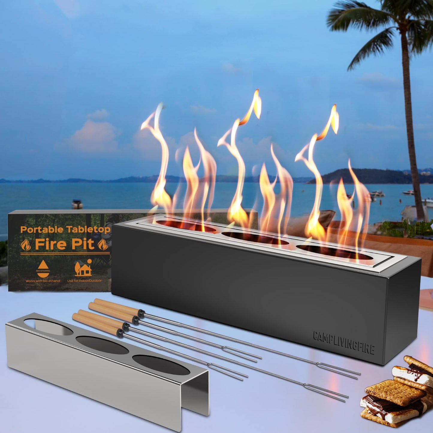Tabletop Fire Pit with 4 Extendable Smores Sticks, Indoor Outdoor Fire Pit Table Top, Rectangle Tabletop Fireplace, Rubbing Alcohol Smores Fire Pit, Patio Decor Festive Gift - Gray