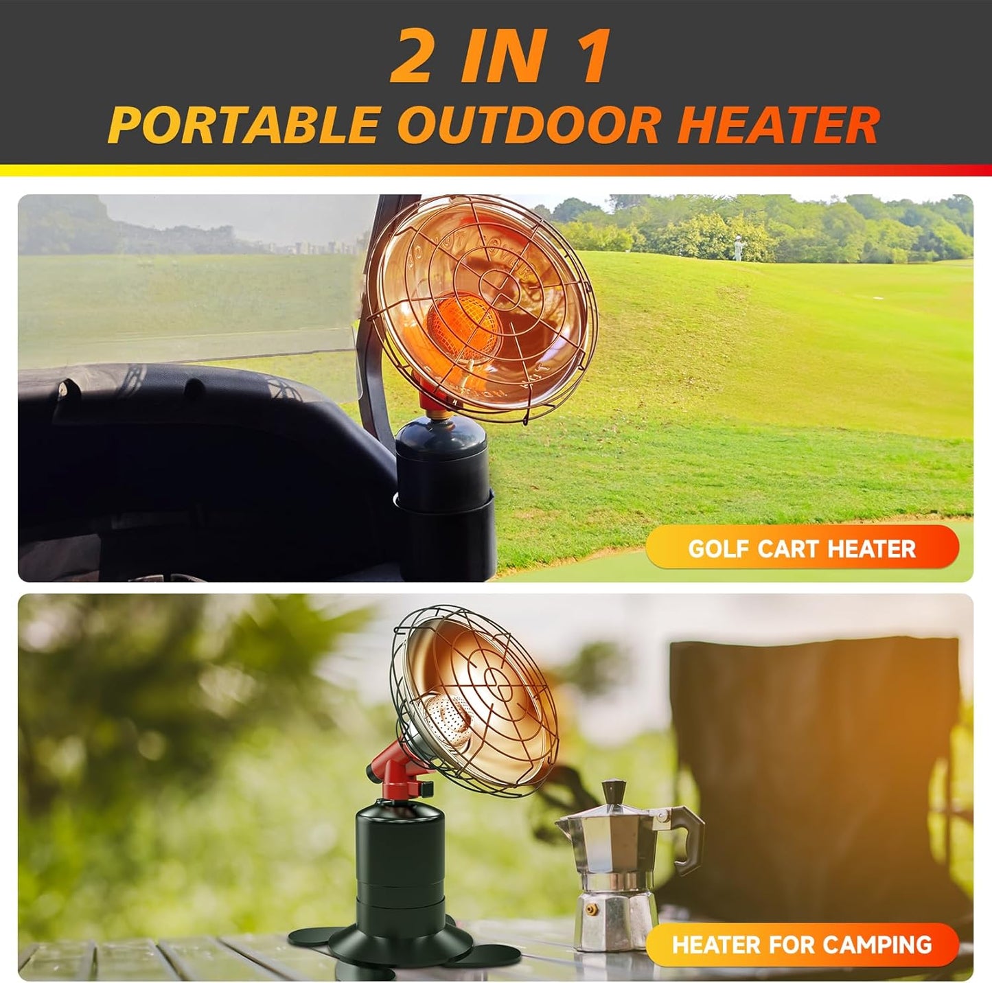 Golf Cart Heater, Propane Heater 6500-BTU, 2 in 1 Portable Propane Heater for Golf and Camping, Golf Cart Accessories Winter Heating Helpers（1LB Propane Tank is Not Included）