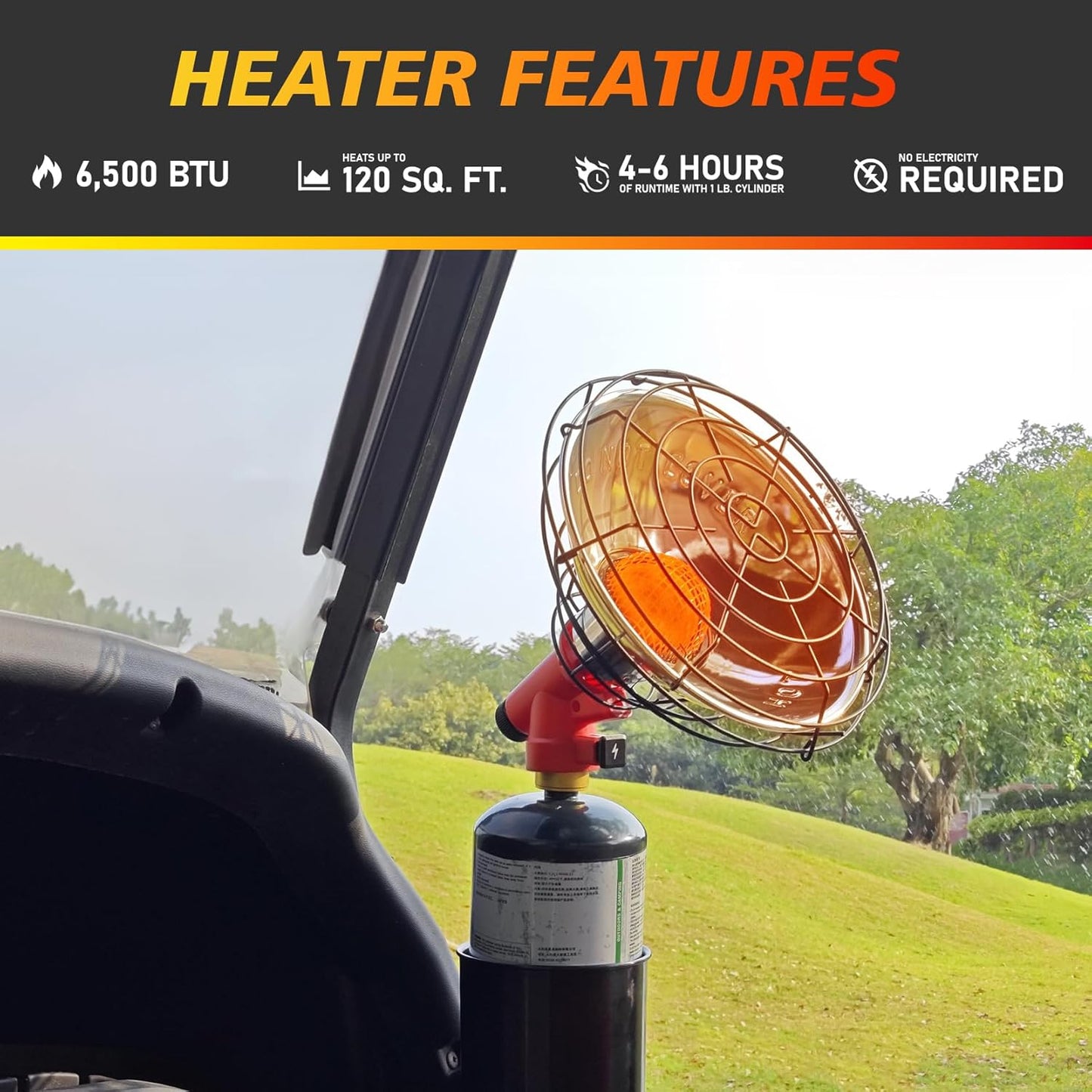 Golf Cart Heater, Propane Heater 6500-BTU, 2 in 1 Portable Propane Heater for Golf and Camping, Golf Cart Accessories Winter Heating Helpers（1LB Propane Tank is Not Included）