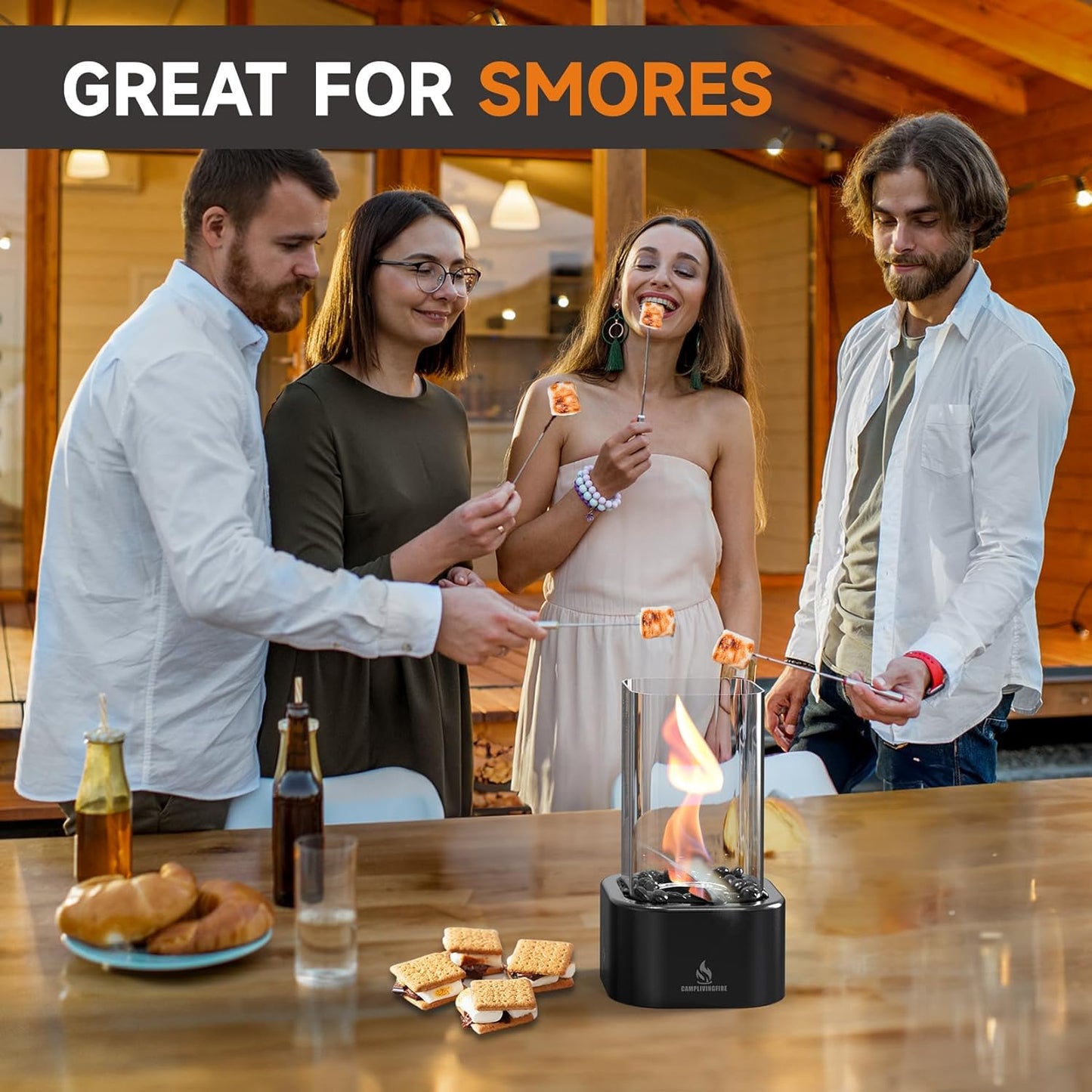 Tabletop Fire Pit, Square Indoor Fire Pit Ethanol Tabletop Fireplace, Smores Table Top Firepit for Patio Decor, Gifts for Women Mom Her Wedding Housewarming Christmas Birthday White Elephant Gifts