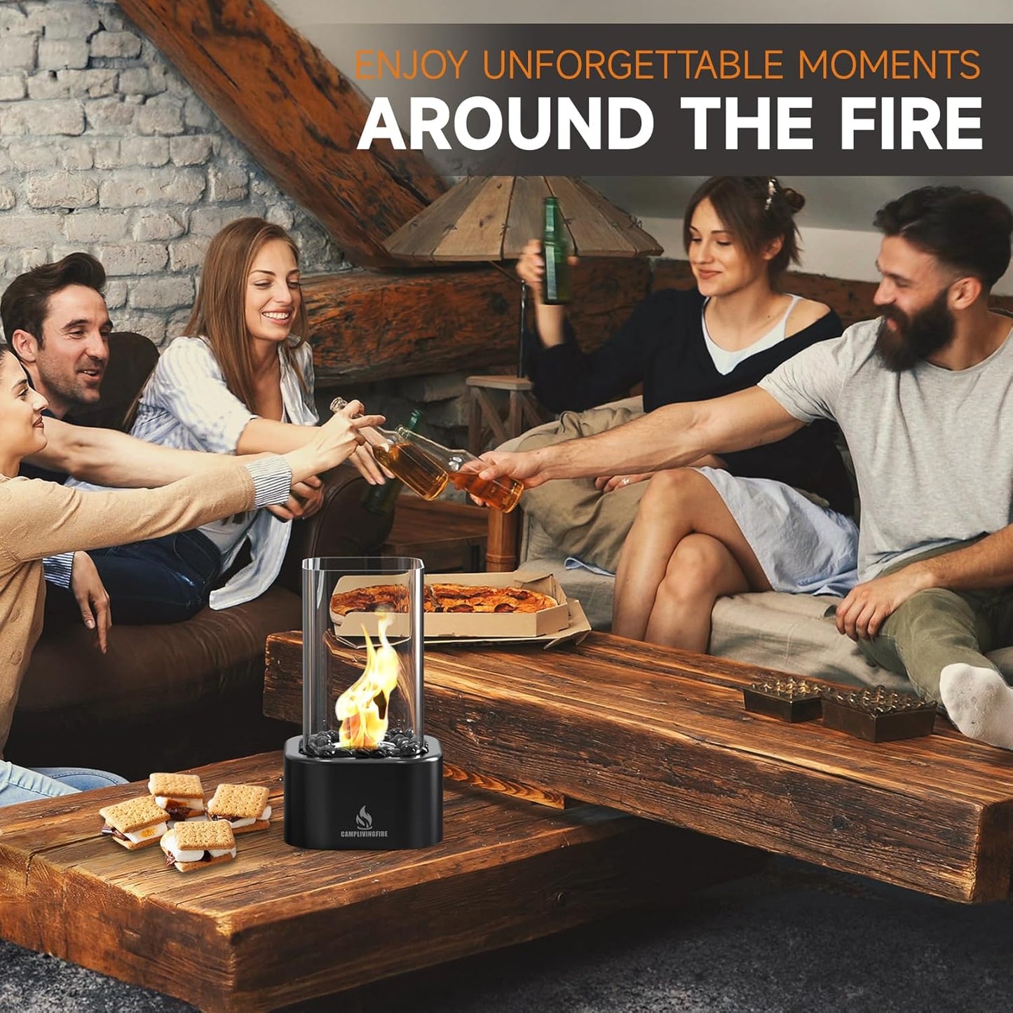 Tabletop Fire Pit, Square Indoor Fire Pit Ethanol Tabletop Fireplace, Smores Table Top Firepit for Patio Decor, Gifts for Women Mom Her Wedding Housewarming Christmas Birthday White Elephant Gifts