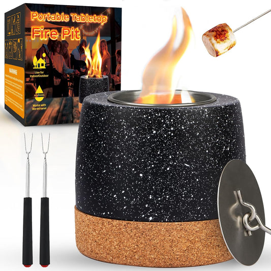 Tabletop Fire Pit, Round Concrete Smokeless Smores Fire Pit Table Top as Smores Maker Kit for Indoor & Patio Decor, Gifts for Women Mom Her Wedding Housewarming Christmas Birthday White Elephant Gifts