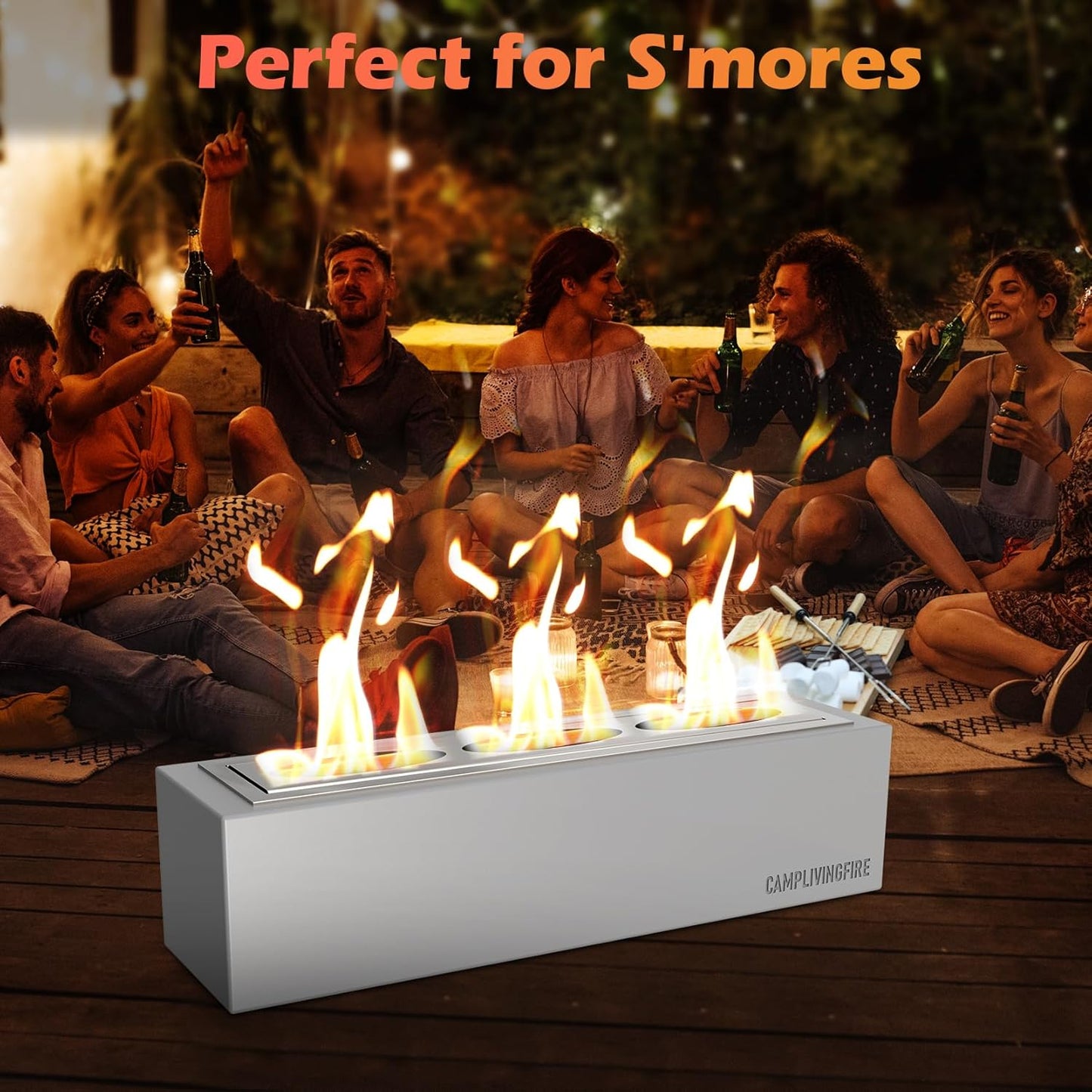 Tabletop Fire Pit with 4 Extendable Smores Sticks, Indoor Outdoor Fire Pit Table Top, Rectangle Tabletop Fireplace, Rubbing Alcohol Smores Fire Pit, Patio Decor Festive Gift - Gray